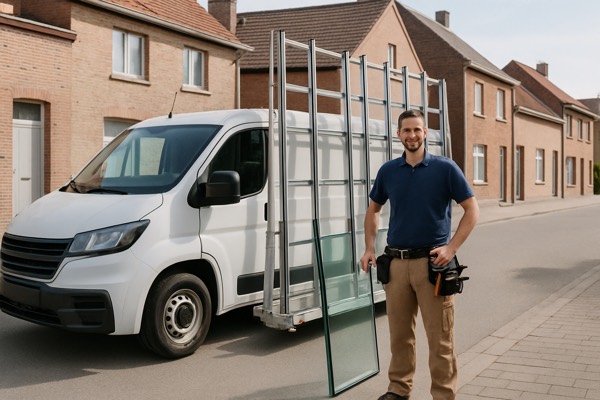 Servicewagen van de glazenmaker in een Belgische straat — Glasmaker Lucas