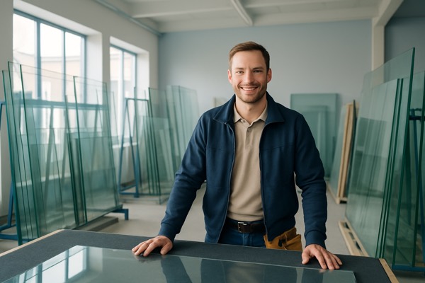 Glasplaten in het atelier van de glazenmaker — Glasmaker Lucas